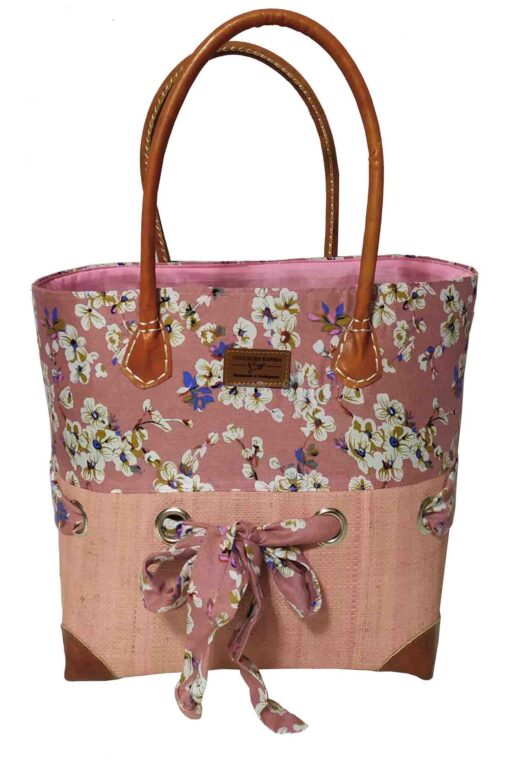 CABAS RAPHIA et TISSU ROSI CRT-009 RO <B>  Moyen modèle </B>