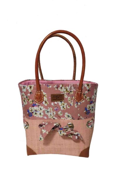 CABAS RAPHIA et TISSU ROSI CRT-009 RO <B>  Petit modèle </B><span style="color: #ff0000;">RUPTURE DE STOCK </span></strong>