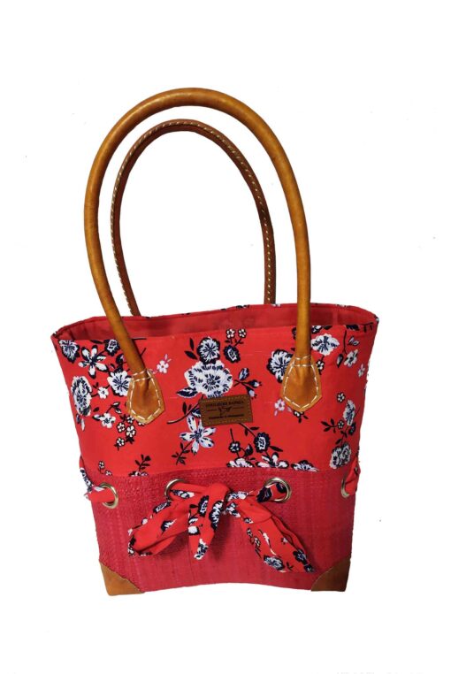 CABAS RAPHIA et TISSU FLEURI CRT-003 RG <B>  Petit modèle </B>