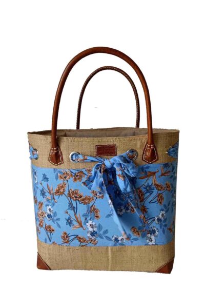 CABAS RAPHIA et TISSU PRIM CRT-004 BL <B>   Grand modèle </B>